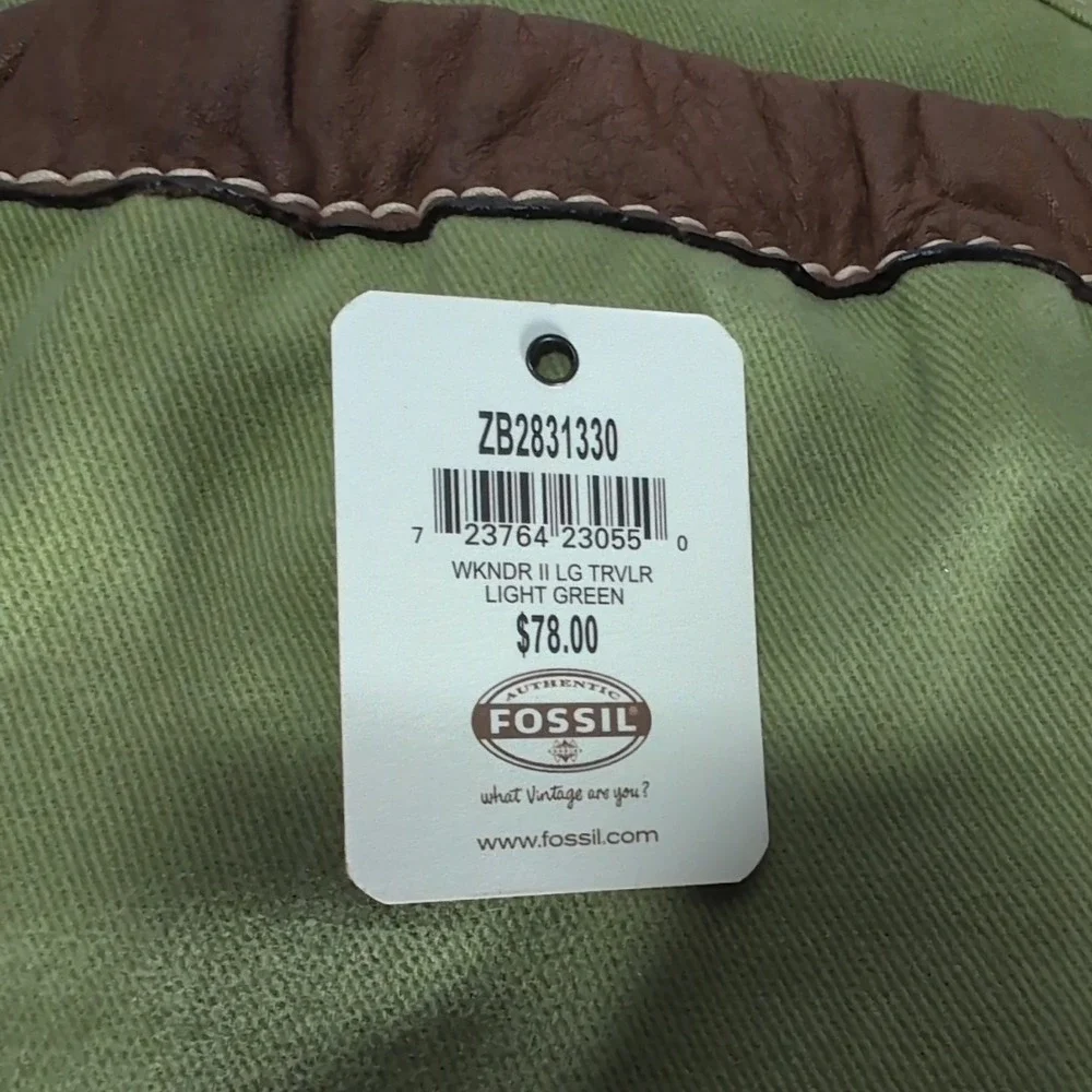 Fossil Green Cavas Crossbody Bag Key Accent Name Tag Adjustable Strap Pockets